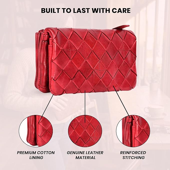 Genuine Leather Wallets for Women, Small Wallet for Ladies Zipper Coin Purse Credit Card Holder with Strap (VL-167-RED)