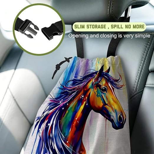 Car Garbage Bag Abstract Watercolor Horse Hanging Drawstring Car Organizer and Storage Bag with Adjustable Buckle Canvas Garbage Bin for Back Seat or Hanging Headrest Car Decor Road Trip Essentials