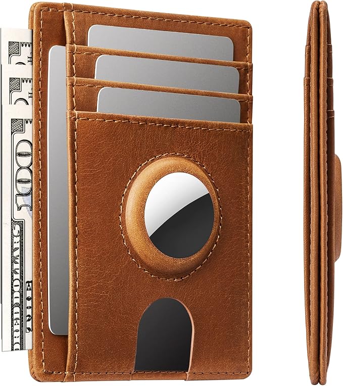 typecase Slim Minimalist Card Mens Wallet for AirTag, Front Pocket Premium Crazy Horse Leather Wallet with AirTag Holder, RFID Blocking Cash Credit Card Wallet Compatible with AirTag (Yellow)