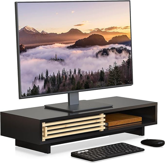 Monitor Stand with Sliding Bamboo Doors, 25 Inch Heavy Duty Wood Computer Monitor Riser, Ergonomic Desk Organizer with Storage & Keyboard Tray, Natural & Black