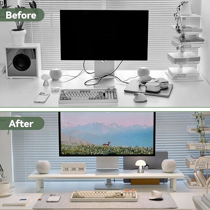 Bamboo Dual Monitor Stand Riser with Underneath Storage, Ergonomic Desk Shelf Supports PC Computer Monitor, Printer, TV for Home, Office, White
