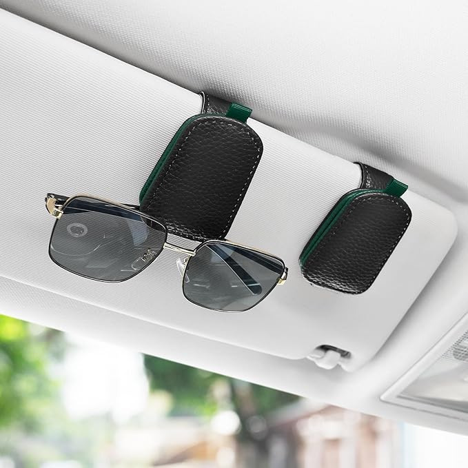 SINGARO Sunglasses Holder for Car, Leather Magnetic Buckle Sun Visor Sunglass Clip, Ticket Card Storage Glasses Clip, Car Interior Accessories for Men and Women（2PCS Black-Green）