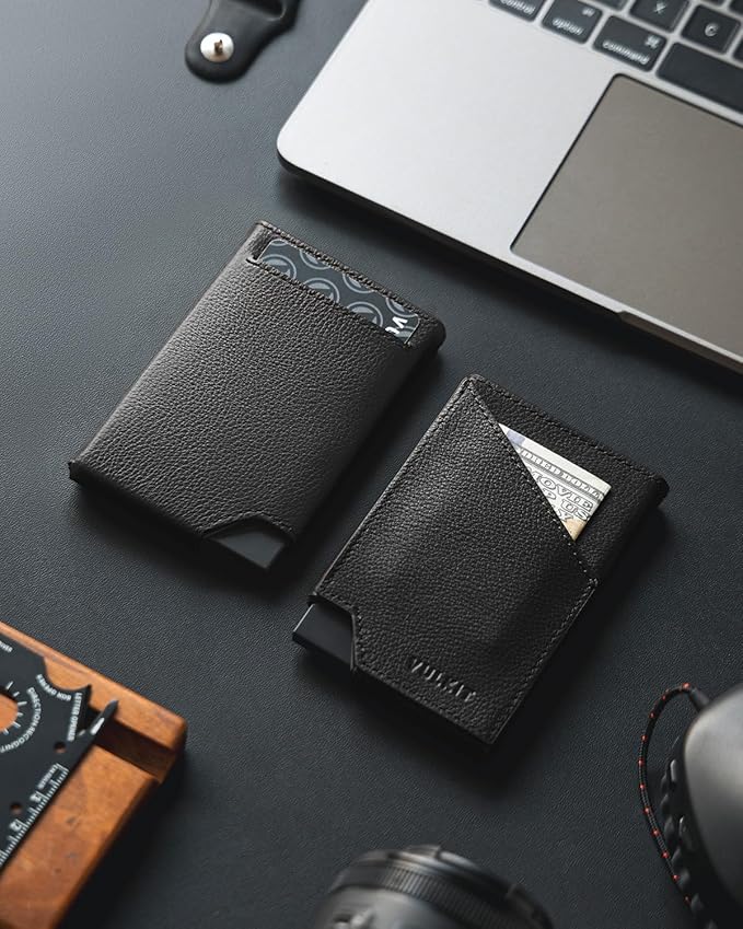 VULKIT Pop up Card Wallet Genuine Leather RFID Blocking Slim Aluminum Metal Bank Card Holder Case with Business Money Pocket for Credit Cards Notes and Coins Black