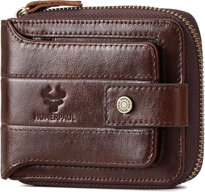 gzcz Mens Wallet with Zipper Genuine Leather Bifold Purse for Men ID Window and Zip Coin Pocket (Coffee)