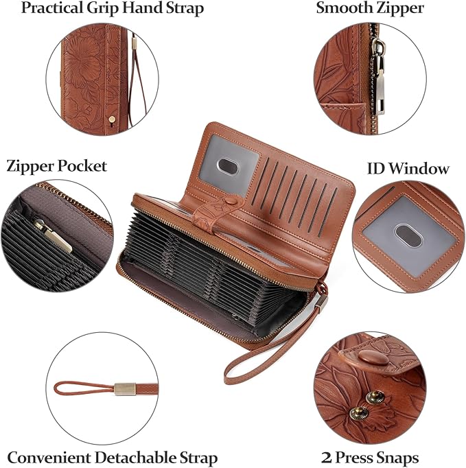 SENDEFN Women's Credit Card Holder RFID Blocking Zip Around Leather Wallet Large Capacity Long Purse with Wristlet