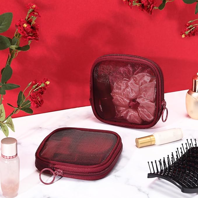 Weewooday 4 Pcs Mesh Makeup Bag Mesh Cosmetic Bag Travel Toiletry Pouch with Zipper Mini Makeup Cosmetic Purse for Daily Accessory(Small,Wine Red)