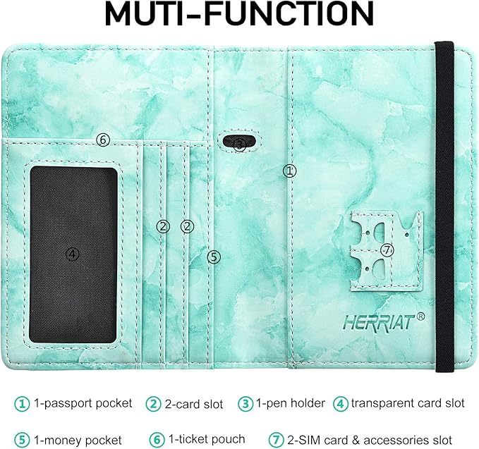 HerriaT Marble Leather Passport Holder Cover Case RFID Blocking Travel Wallets Card Case for Women Men(Green)
