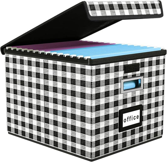 File Organizer Box with Lid, Collapsible File Folder Organizer for Office Document Storage, Filing Box with Plastic Slide for Letter Size Hanging File Folders(1 Pack, Black & White Lattice)