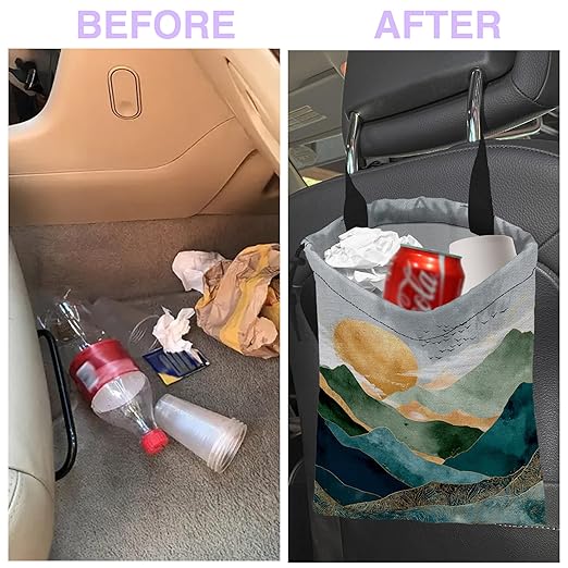 Car Trash Bag Hanging Golden Mountain Sun Car Trash Can for Back Seat Waterproof Car Garbage Can with Adjustable Straps and Drawstring for Car Accessories Vehicle Travelling Camping