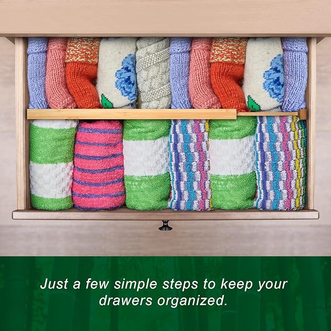 4 Pack Bamboo Drawer Dividers Organizer with Inserts 2.6'' High, Expandable from 12.5-21.7", Adjustable Drawer Organizer Separators for Utensils, Clothing, Office, Dresser, Bedroom, (Beige)