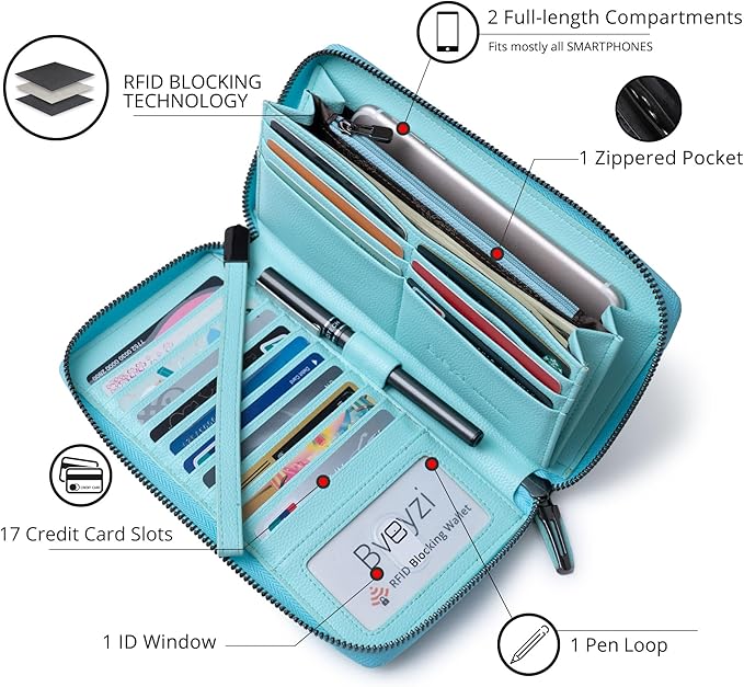 Bveyzi Women RFID Blocking Wallet Leather Zip Around Phone Clutch Large Capacity Ladies Travel Purse Wristlet | RFID Blocking, Zip Around, Large Capacity