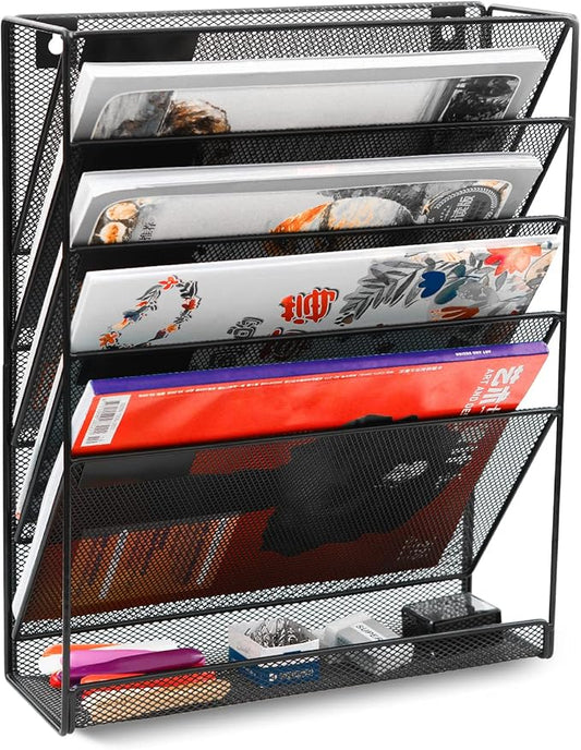 EasyPAG 5 Tier Wall File Holder, Mesh Hanging Folder Organizer with Classify Label, Versatile Desk File Holder, Vertical Wall Mounted Mail Organizer for Office Home Cubicle, Black