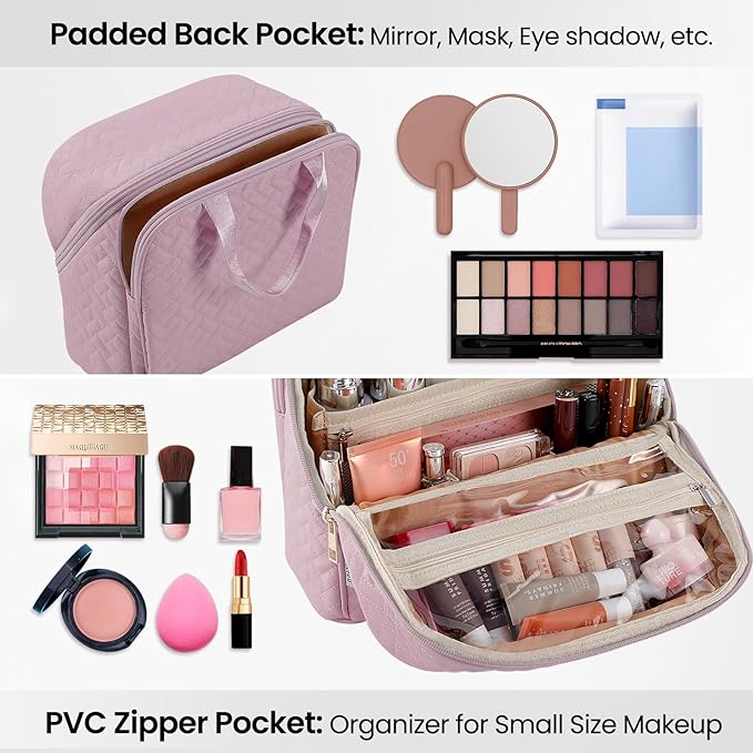Standing Makeup Bag, Large Capacity with Room for Brushes and Mirror, Travel Makeup Organizer, Portable Stand Up Make Up Case, Waterproof Cosmetic Toiletry Bags with Handle, Color Dusty Purple