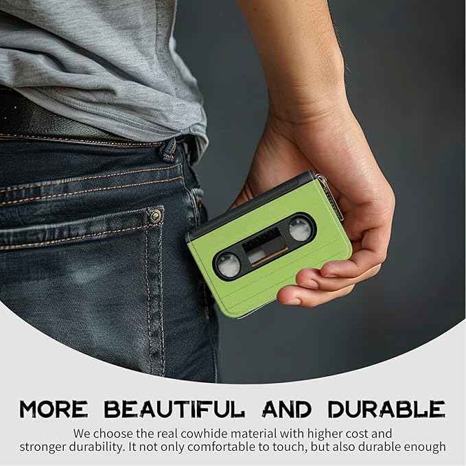 Cute Credit Card Holder with Zipper, Green Tape Cassette RFID-Blocking Card Case Small Wallet for Women Men, Multi-slot Card Organizer Case Travel Accordion Wallet