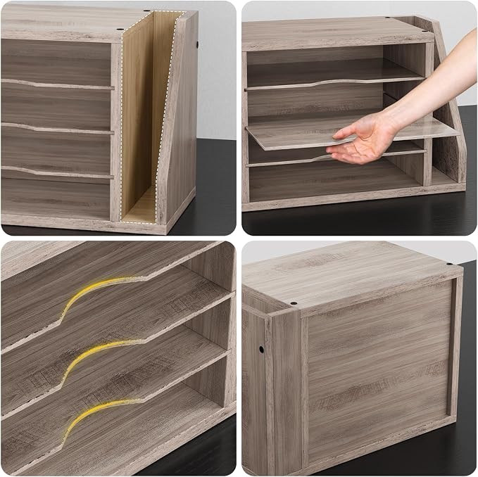 Creso hom Mail Sorter, File Organizer Desktop, Wood Desk Organizer with 3 Adjustable Shelves, Mail Holder for Office, Home, Letter Sorter File Holders for Envelopes, Mail Supplies Magazines, Greige