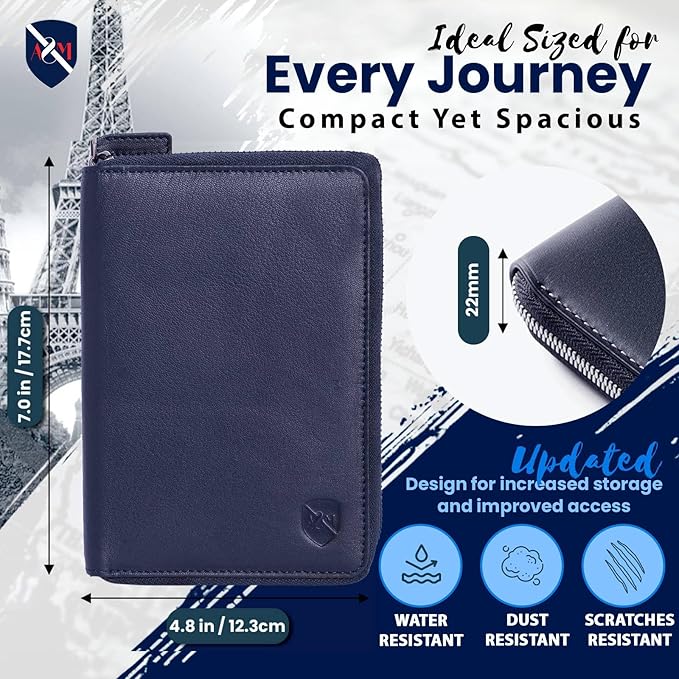 ALLEN & MATE 100% Leather Passport Holder for Travel RFID Blocking Passport Wallet for Men & Women - Zippered Compact Travel Document Organizer Fits Passport, Cash, Cards, SIM, ID and Tickets