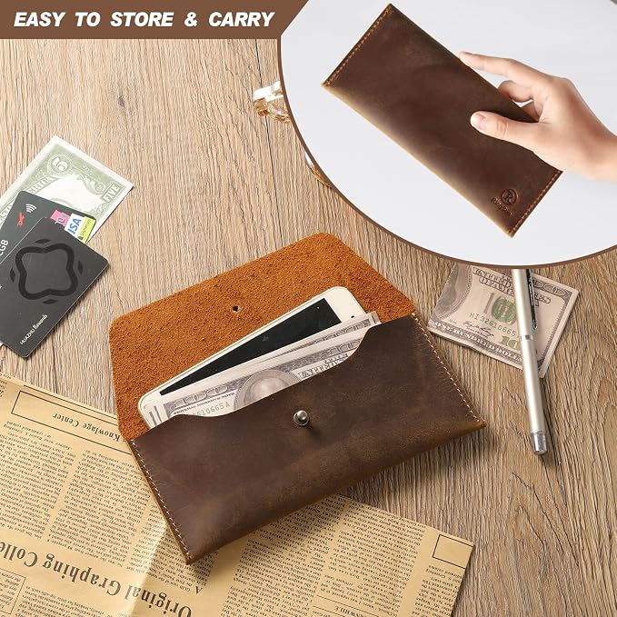 Ringsun Leather Money Cash Envelopes Wallet for Men, Money Bag Pouch Reusable Budget Envelope Wallet, Retro Clutch Wallet, Brown