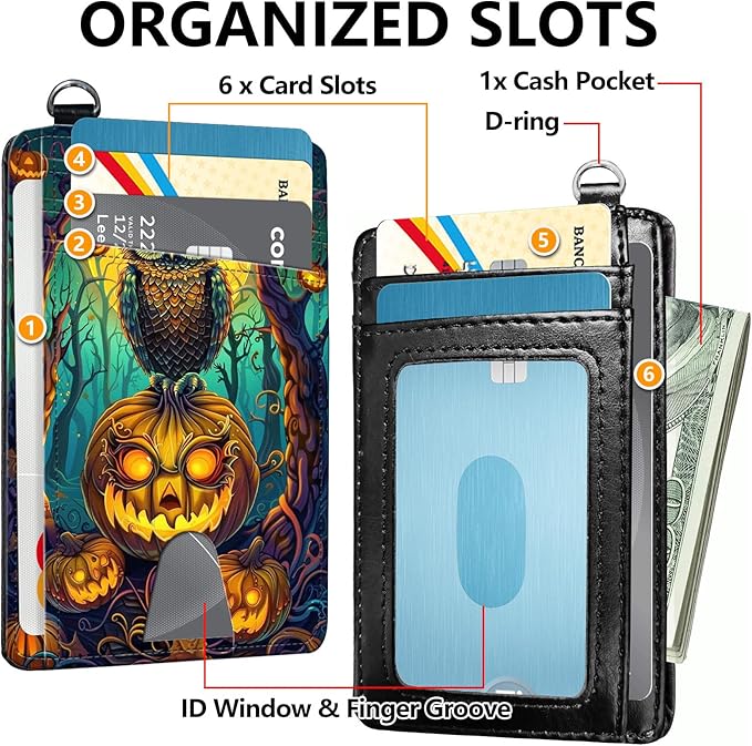 Slim RFID Blocking Card Holder Wallet with Wrist Strap - Minimalist Front Pocket Wallet, Halloween Owl Design, PU Leathe, for Men & Women, Ideal for Travel & Gifts