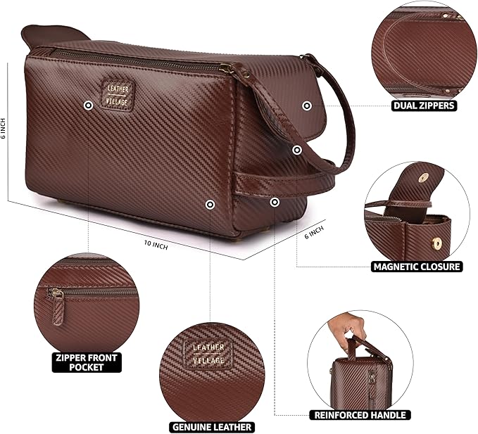 LEATHER VILLAGE Genuine Carbon Fiber Genuine Leather Travel Toiletry Bag - Large Dopp Kit, Water-Resistance Bathroom & Shaving Organizer for Men & Women - Brown