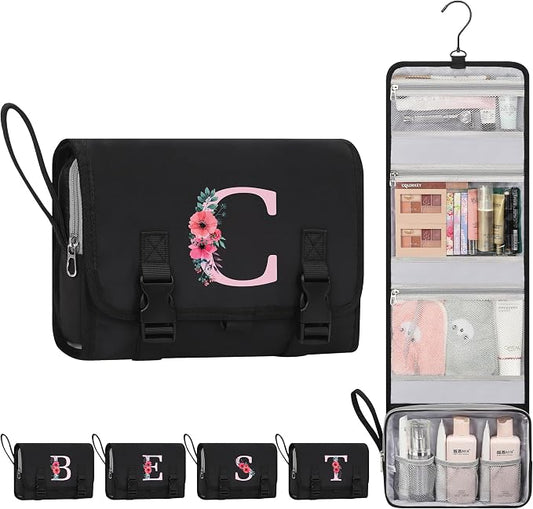 Relavel Travel Hanging Toiletry Bag, Personalized Birthday Gifts for Women Teen Girls, Initial Makeup Bag with Compartments, Foldable Cosmetic Organizer for Toiletries, Camping Essentials - Black C