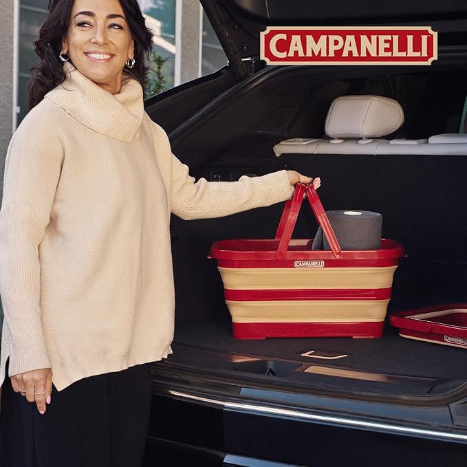 CAMPANELLI Collapsible Multi Purpose basket with Handles - Waterproof Storage Container, Space-Saving Foldable Sturdy basket for Clothes, Toys, Gardening & more | 20L Red/Gold