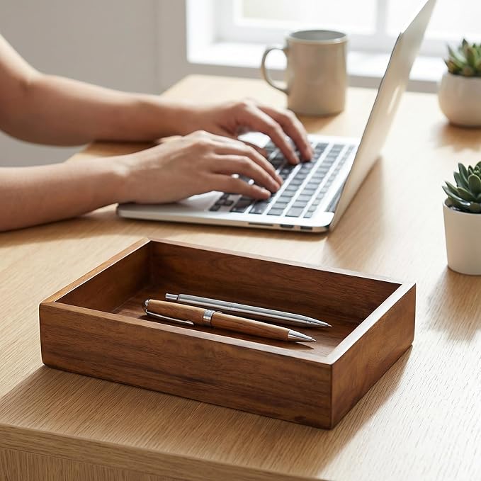 Demigo Acacia Wood Desk Organizer Tray - 9.5x6.7x2 Inch Letter & Stationery Holder for Office, Entryway, Desktop - Natural Wood Catchall for Pens, Mail, Keys