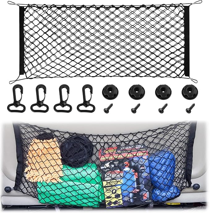 Cargo Net, Premium Dual-Layer Nylon Cargo Net for SUV, Automotive Exterior Accessories, Adjustable Elastic Trunk Net with Hook, Car Accessories for SUV, Truck, Pickup(43.3x15.7 Inch)