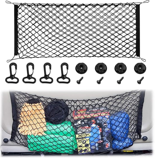 Cargo Net, Premium Dual-Layer Nylon Cargo Net for SUV, Automotive Exterior Accessories, Adjustable Elastic Trunk Net with Hook, Car Accessories for SUV, Truck, Pickup(43.3x15.7 Inch)