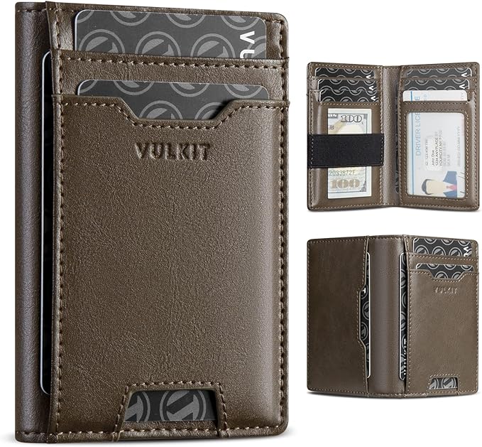 VULKIT Credit Card Holder RFID Blocking Slim Leather Front Pocket Mens Wallet Bank Card Holder Quick Access with 10 Slot and Money Band for Bills or Receipt, Palm-Size Wallet, Dark-olive-green, no