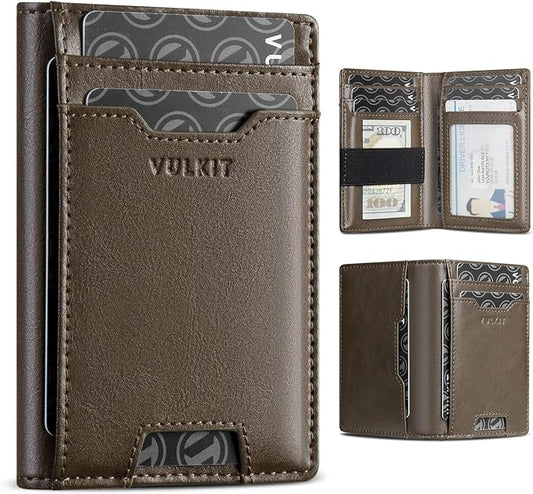 VULKIT Credit Card Holder RFID Blocking Slim Leather Front Pocket Mens Wallet Bank Card Holder Quick Access with 10 Slot and Money Band for Bills or Receipt, Palm-Size Wallet, Dark-olive-green, no