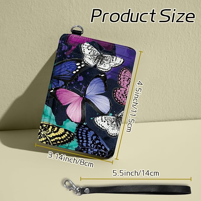 Small Travel Wallets, Color Butterfly Slim Minimalist Front Pocket Wallet with Wristlet, RFID Blocking PU Leather Credit Card Holder with ID Window Change Purse for Men Women