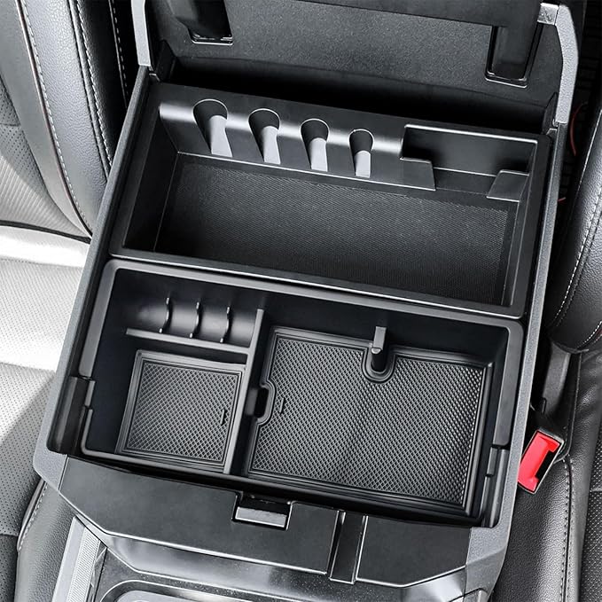 HGWEI Center Console Organizer Tray Compatible with 2023 2024 2025 2026 Ford F250 F350 F450 Super Duty Interior Accessories, Middle Armrest Storage Box Insert Compartent Divider, Black