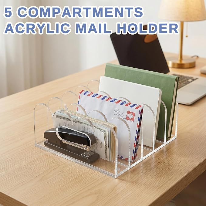 5-Compartments Acrylic Mail Organizer for Desktop, Scalloped Mail Sorter Organizer, Space Saving Acrylic File Organizer for Letter File Bills, Clear