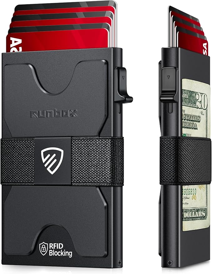 RUNBOX Slim Card Holder Wallet for Men, Minimalist RFID Blocking Wallet with Pop-Up Function, Ultra-Thin Design, Metal Business Card Cases holds 6+6 Cards, Gifts for Men, Men's Accessories