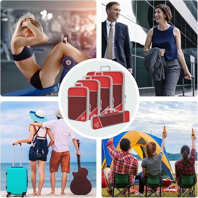 NiHome 7PCS Compression Packing Cube Set Expandable Mesh Travel Bag Luggage Organizers with Electronic Cable Cord Charger Organizer Drawstring Bag (Red)
