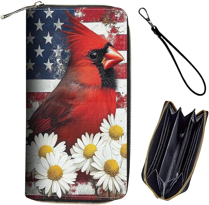 Bxgolkgd Womens Wallet, RFID Blocking Leather Wallet,Large Capacity Wallet Credit Card Holder PU Leather Ladies Clutch with Zipper Coin Pocket - American Flag Cardinal Daisy
