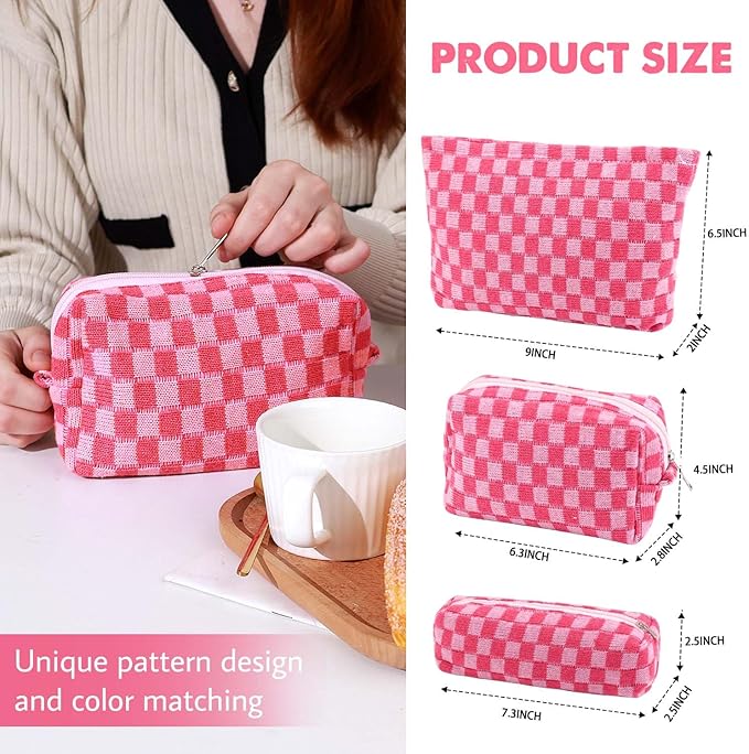 3 Pcs Makeup Bag Cosmetic Bag Set for Girls Women Checkered Travel Organizer Bathroom Toiletry Pouch Large Capacity Storage Bag (Rose-Red)