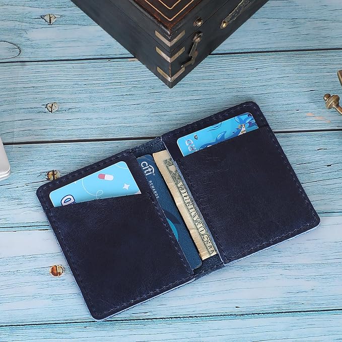 Genuine Leather Bifold Card Holder Wallet for Men & Women Slim Minimalist Front Pocket Credit Card Wallet, Compact Travel & Everyday Carry - Navy Blue