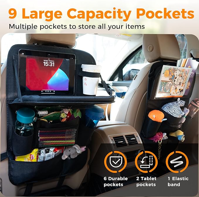 Backseat Car Organizer with Tray, 9 Storage Pockets Back Seat Protector with Foldable Tablet Holder, Waterproof Back of Seat Kick Mats for Kids Adult, Road Trip Essentials Travel 2 Pack, Black
