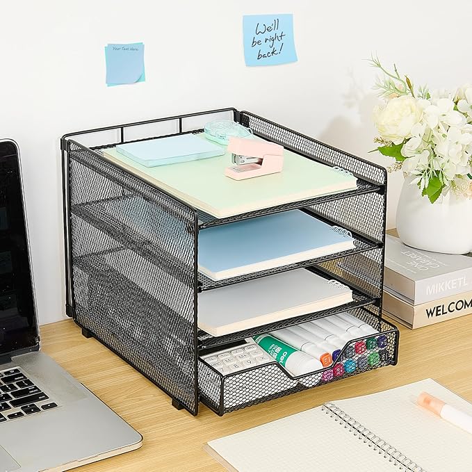 OPNICE Desk Organizers and Accessories, 4-Tier Desktop File Organizer with Drawer, Office Desk Accessories & Workspace Organizers for Office, Home Supplies(Black)