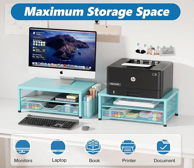 OPNICE Computer Monitor Stand Riser, Desk Organizer with Drawer, Printer & Laptop Stand, Office Desk Accessories & Workspace Desktop Organizers Storage for Office Supplies(Blue)