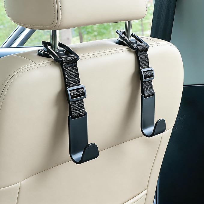 Adjustable 4-Pack Car Headrest Hooks Cute Cat Pattern Universal Seat Back Organizer with Clip for Purses Bags Groceries Black