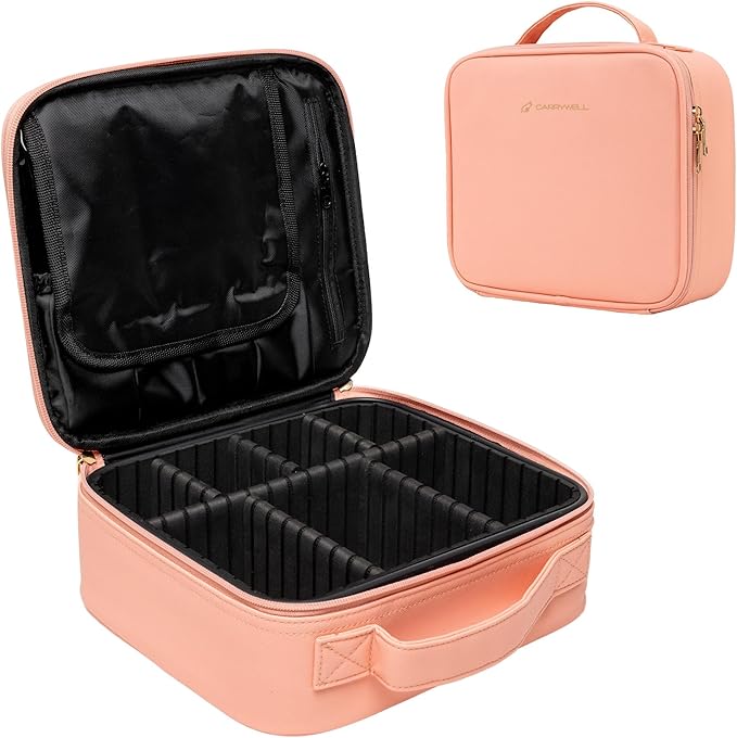 Makeup Bag Travel Case, Not-Made In China, Hard Train Case for Cosmetics, Portable Beauty Artists Organizer, Cosmetic Storage Box With Adjustable Dividers For Make Up and Brushes, Small Pink