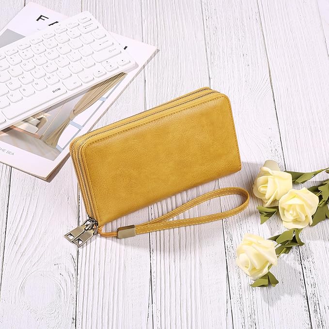 GAEKEAO Wallet for Women Clutch RFID Blocking Wristlet Leather Purse Large Capacity Credit Card Holder with Grip Hand Strap