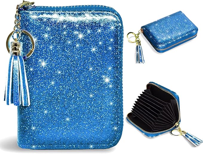 Coco Rossi Women's Small Credit Card Wallet RFID Cute Glitter Card Holder for Women, Navy Blue