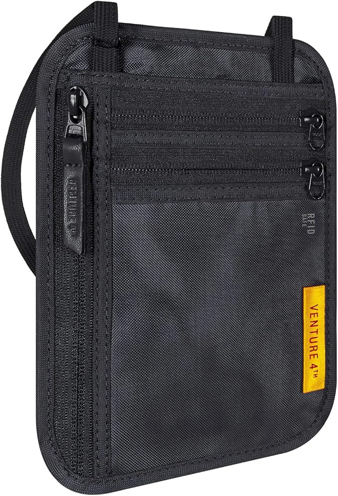 VENTURE 4TH Slim Passport Holder Neck Pouch with RFID Blocking Travel Neck Wallet and Nylon Lining (Black)