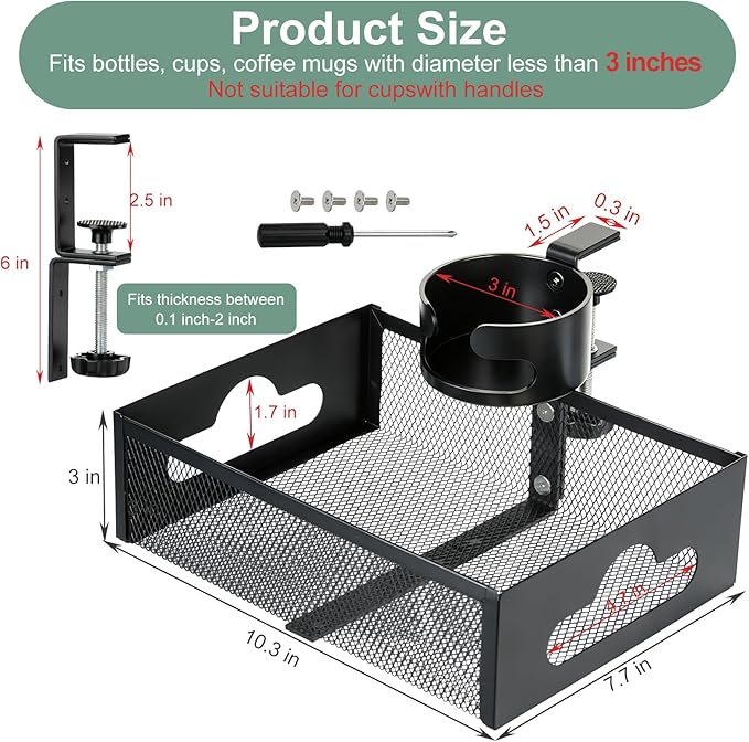 MYITYARD Desk Cup Holder Clamp, Anti-Spill Clip On Table Cup Holder with Rotation Drawer Organizer, Under Desk Storage Box Drink Holder for Desk Attachment, Gaming Desk Accessories for Office Home