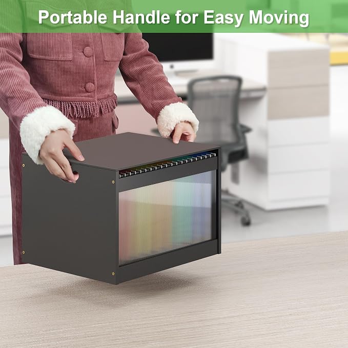 Hanging File Box Organizer for Letter Size, 2 Pack Bamboo Acrylic File Folder Storage with Lid Clear Moving Boxes Wood with Handle Desktop Filing Holder for Office Banker Document