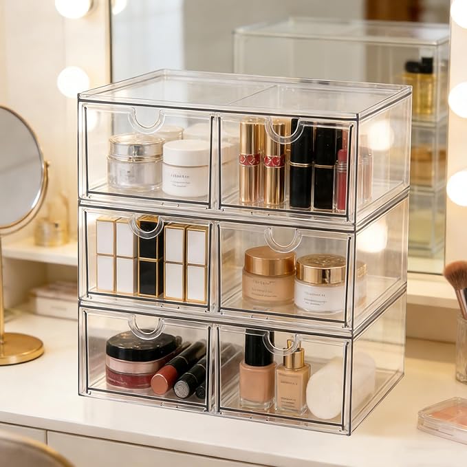 Prsildan Stackable Clear Makeup Organizer, 3 Pack Acrylic Storage Drawers with 6 Drawers for Vanity Bathroom Office Desk Modular Drawer System for Cosmetics Jewelry Toiletries Home Organization