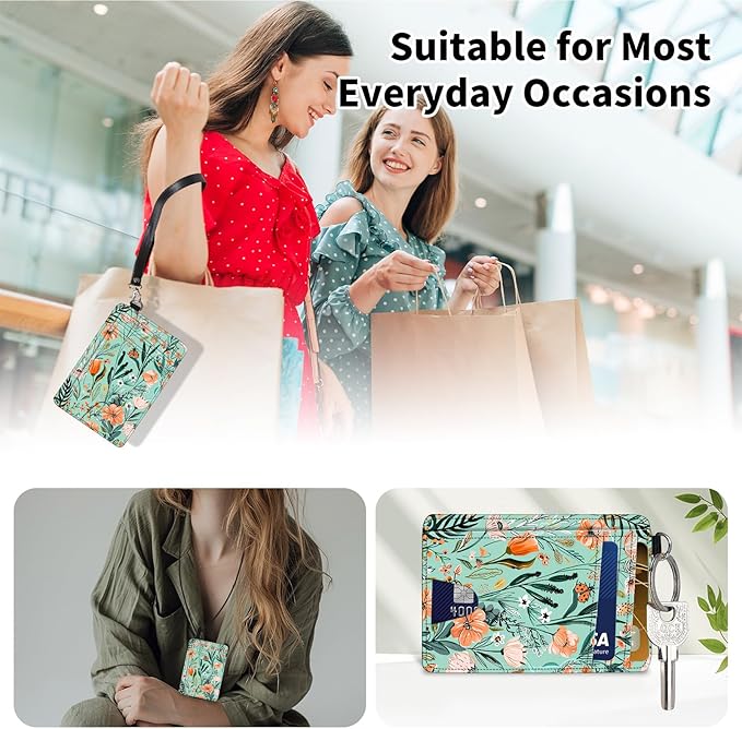 Slim Minimalist Front Pocket Wallet,Credit Card Holder Wallet for Women Men,RFID Blocking Credit Card Holder Case Leather Cute Small Thin Wallet ID Window&Wrist Strap,Floral Plant Green